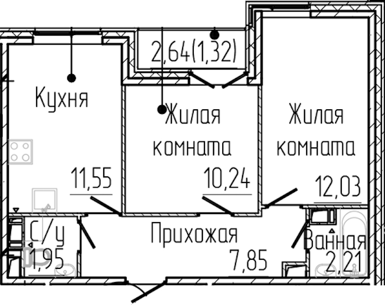 2-комнатная квартира 47.15 м², 7/8 эт., ЖК «SERTOLOVO PARK»